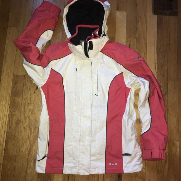 Spyder Ski Jacket Women’s US 10 Pink / Grey / White Pockets Keychain Zip Front